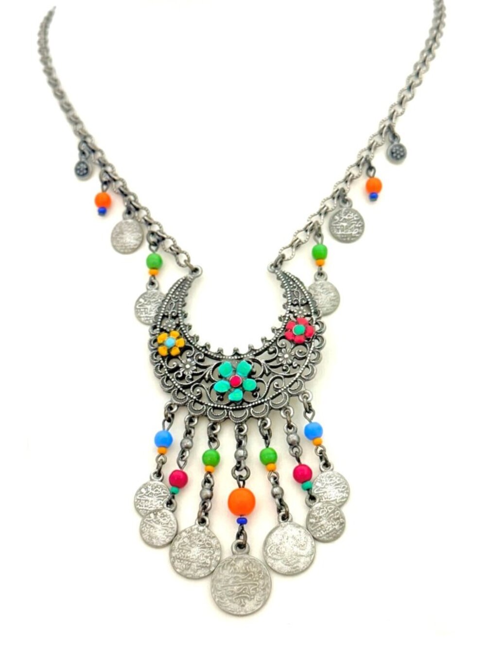 Ben-Amun Vintage Filigree Silver Tone Multicolor Boho Necklace w/Enamel & Beads